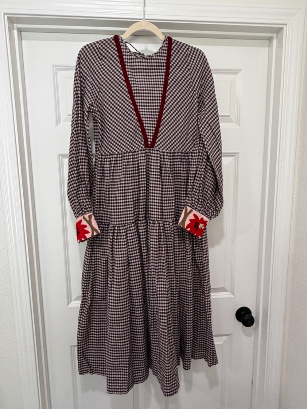 Free People x Rujuta Sheth Long-Sleeve Tiered Gingham Midi Dress with Red Trim